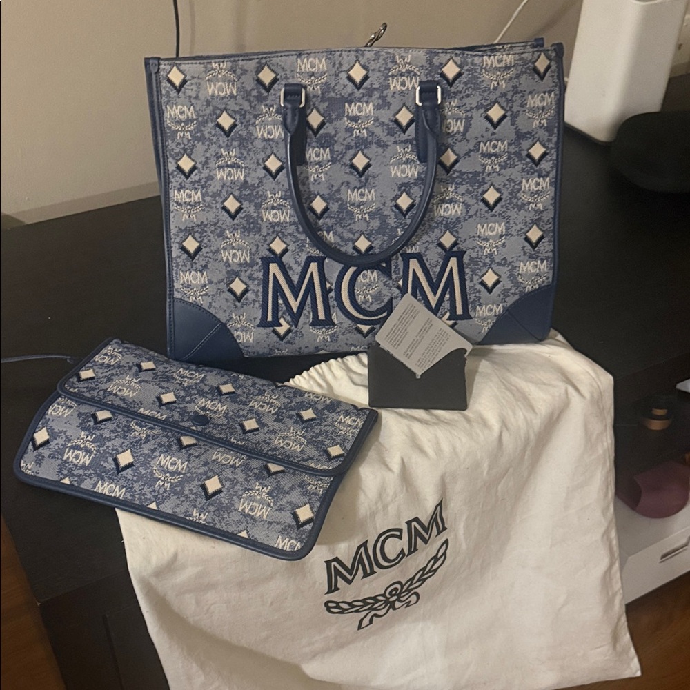 MCM Navy Monogram Tote with Pouch
